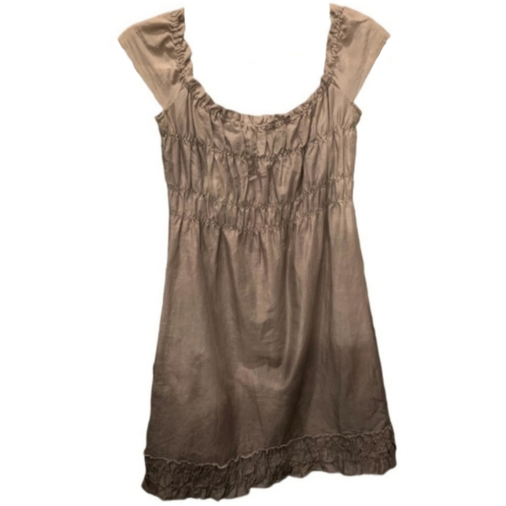 Theory Mini Dress Scoop Neck Tan Light Brown Ombre Smocked Top Designer XS - Picture 1 of 9